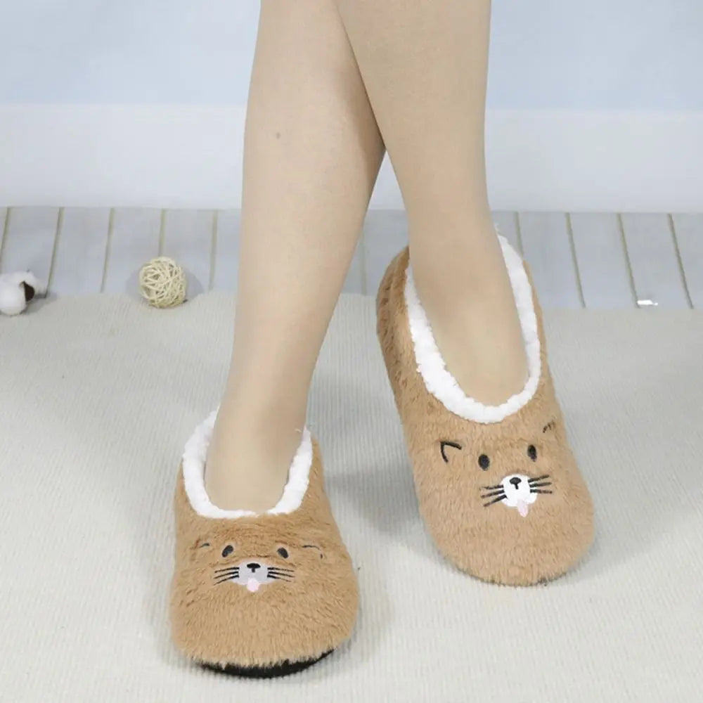 Cozy Anti-Slip Slipper Socks Women Cartoon Cat Soft Fleece Floor Socks Indoor Shoes Warm Winter Plush Socks Bedroom
